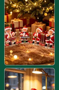 Gros plan d'un groupe de Pères Noël animés jouant de la musique pour Noël