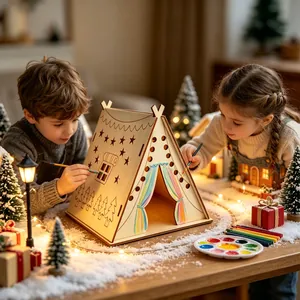 Παιδιά που ζωγραφίζουν μια DIY ξύλινη χριστουγεννιάτικη σκηνή σε γιορτινή ατμόσφαιρα