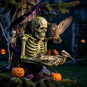 Primo piano di una mangiatoia per uccelli in resina a forma di scheletro per Halloween.