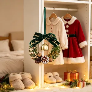 Exquise kerstkrans met groene fluwelen strik, gouden bel en dennenappels details view