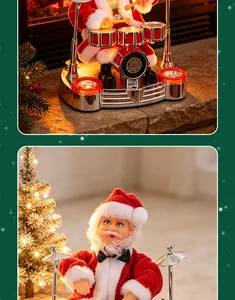 Détail du Père Noël électrique jouant de la batterie avec un éclairage chaleureux