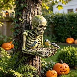 Mangiatoia per Uccelli in Resina Halloween Scultura da Giardino Strega Scheletro Decorazione per Esterni Puntelli per Feste
