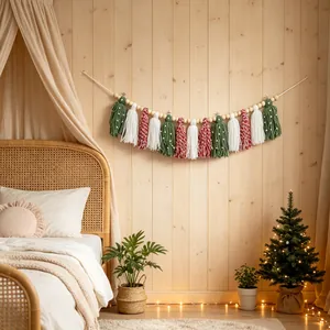 Bohemian handmade Christmas tassel garland with wood beads for rustic home decor