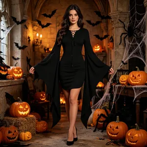 Close-up of a black Halloween dress with irregular batwing sleeves in themed decor