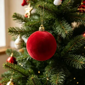 Vista dettagliata di una pallina di Natale rossa floccata appesa a un albero festivo