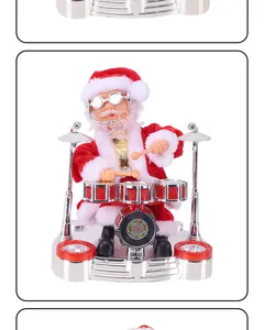 Père Noël électrique jouant de la batterie sur une scène argentée avec cymbales rouges