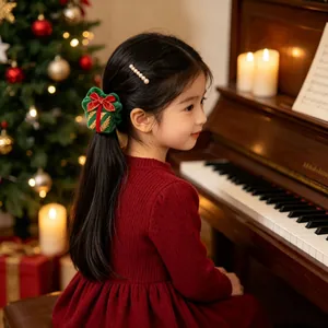 Detailweergave van een feestelijke kerstscrunchie met strik en parelhaarspeldje bij een kind.