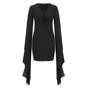 Gothic black long sleeve dress with lace-up V-neck and irregular flared hem details