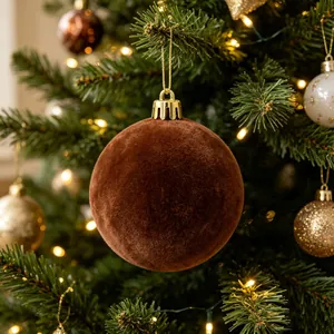 Primo piano di una palla di Natale floccata marrone con texture vellutata su albero