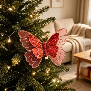 Elegante rote Glitzer-Schmetterling-Weihnachtsbaum-Deko mit Netzflügeln und Clip-Detail