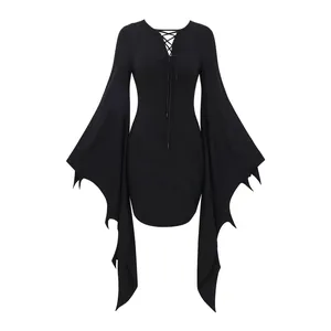 Detail showing a gothic black dress with lace-up V-neck and dramatic jagged batwing sleeves