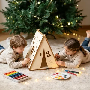 Δύο παιδιά που ζωγραφίζουν μια ξύλινη σκηνή DIY για τα Χριστούγεννα με αστέρια και φεγγάρι.