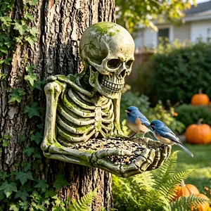 Mangiatoia per uccelli in resina a forma di scheletro per Halloween con uccellini blu