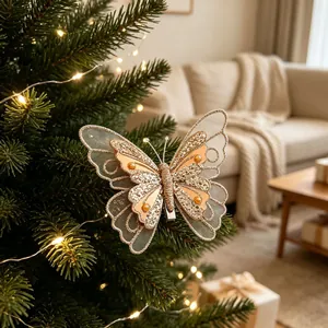 Detailansicht eines glitzernden Schmetterlings-Ornaments an einem Weihnachtsbaumzweig