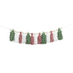 Handmade Christmas wooden bead tassel garland banner for fireplace mantel holiday decor