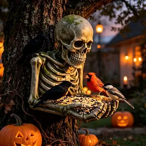Mangiatoia per uccelli a forma di scheletro di Halloween per decoro giardino