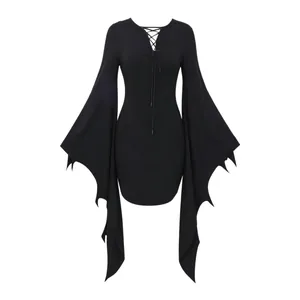 Gothic style black Halloween mini dress featuring lace-up neck and irregular batwing sleeves