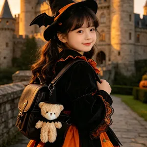 Primo piano del ciondolo di orsetto di peluche di Halloween su uno zaino nero