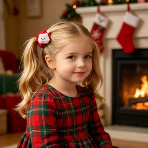Schattige Kerstman pluche haarwokkels op een jong meisje in kerstsfeer setting.