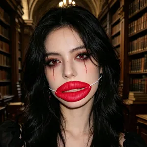 Funny red Halloween sausage lips prop worn by a female model in a dark library scene