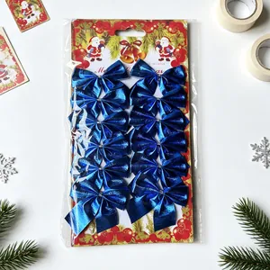 Set of 12 blue metallic Christmas bows for festive tree and wreath DIY holiday decor.