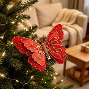Detailansicht eines roten Glitzerschmetterlings-Clips an einem hellen Weihnachtsbaum