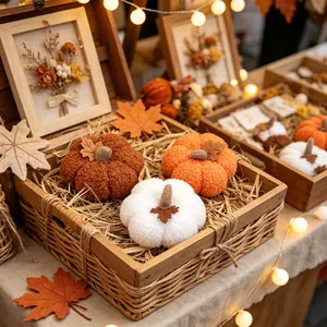 Close-up of plush decorative pumpkins in orange, white and brown for fall harvest decor