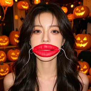 Funny giant red sausage lips prop worn by an Asian model in a spooky Halloween setting