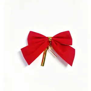 Festive small red velvet Christmas bow with gold twist tie for DIY wreath decor