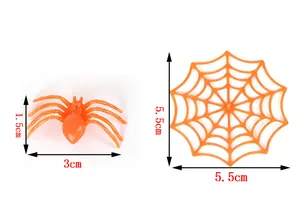 Detailed view of orange plastic mini spider and spider web set with exact dimensions