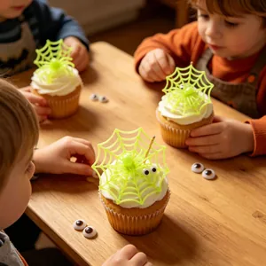 Close-up of neon green mini plastic spider web and eye decorations on Halloween cupcakes