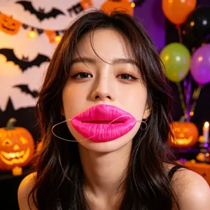 Asian woman wearing funny pink sausage lips costume prop for Halloween COS performance