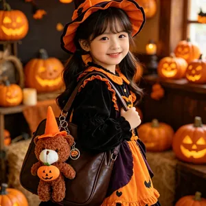 Vista dettagliata del portachiavi orsetto di Halloween con zucca su borsa da bambina