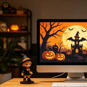 Detailed close-up of a cute mini Halloween witch figurine displayed on a wooden desk setup