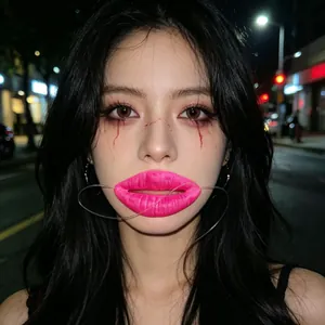 Woman wearing hot pink oversized sausage lips prop for Halloween cosplay makeup