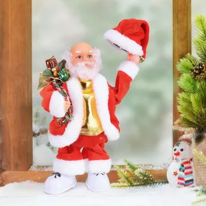 Detailed view of standing electric Santa Claus figurine with festive gifts and hat