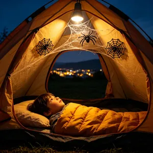 Halloween spider web and plastic spider decorations displayed inside a cozy camping tent