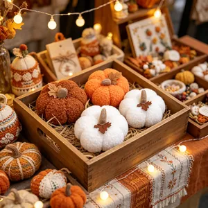 Decorative fabric pumpkins in a wooden tray with warm autumn harvest lighting