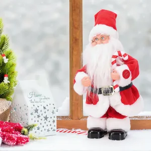 Standing electric Santa Claus figurine holding candy cane in festive snowy scene