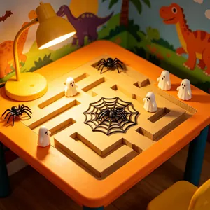 Halloween mini plastic spider web and black spiders set on DIY maze with ghost figures