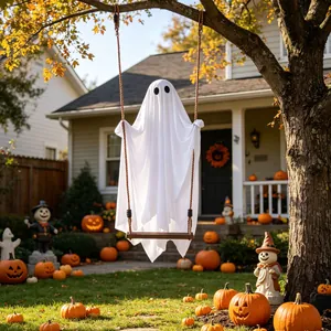 Decorazione fantasma di Halloween all'aperto dettagliata su altalena di legno dell'albero