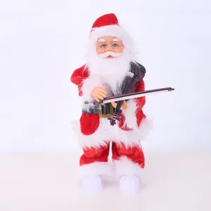 Detail view of an electric Santa Claus figurine playing a violin for holiday decor.
