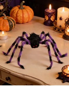 Detalle de cerca de una gran araña de peluche a rayas moradas y negras para Halloween
