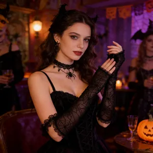 Detailed view of black lace long fingerless gloves featuring a gothic spider web pattern