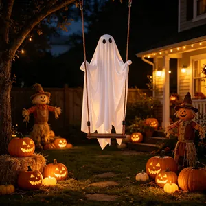 Glowing Halloween ghost hanging decoration on a wooden swing in a decorated garden