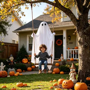 Macro view of a cute glowing ghost hanging decoration on a wooden swing for Halloween