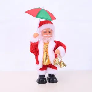 Electric standing Santa Claus figurine holding umbrella and bells for Xmas decor.