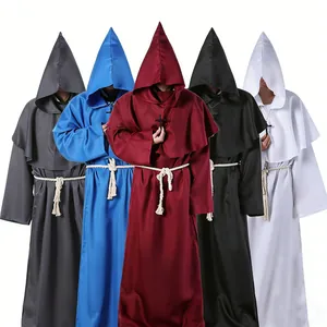 Medieval Priest Robe With Hooded Cloak Rope Belt Cross Necklace Halloween Cosplay Costume For Men Women Monk Outfit