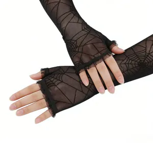 Detail of long fingerless Halloween gloves with black spider web pattern and lace trim