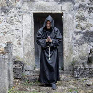 Full-length black medieval monk priest robe with hood and rope belt for Halloween cosplay